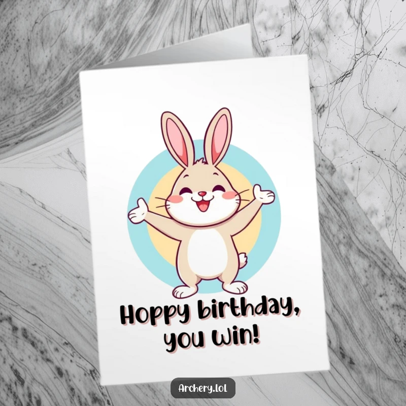Funny Free Printable Birthday Card: Cheerful rabbit celebrates hitting a bullseye, marking a perfect birthday wish. Downloadable gift.