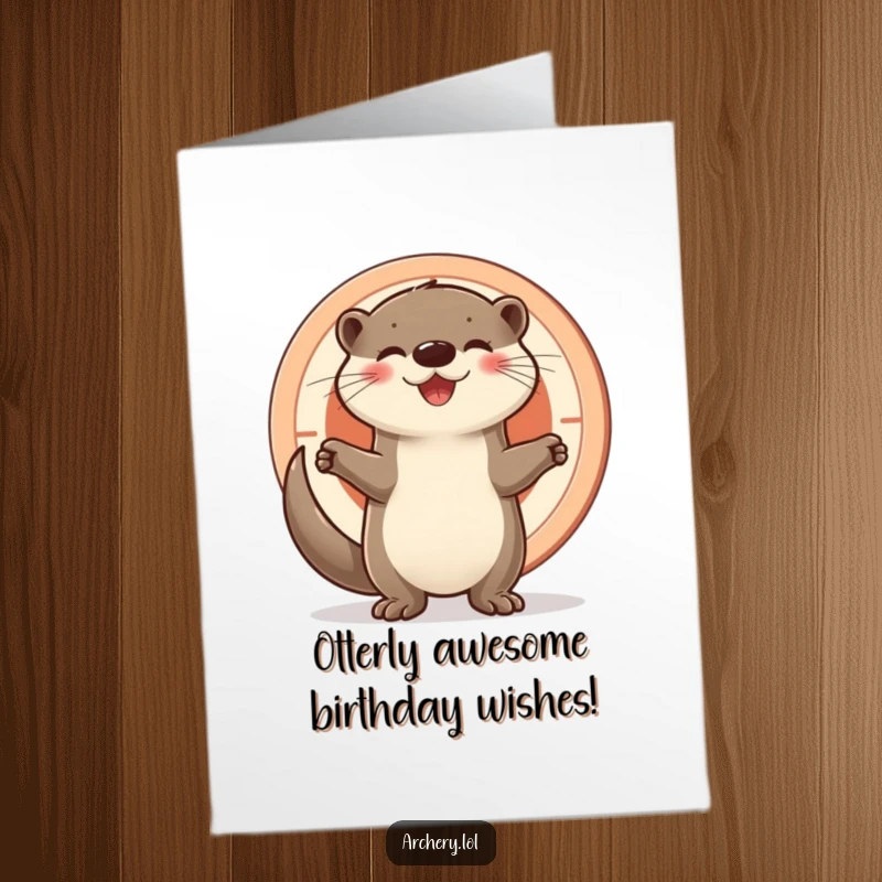 Funny Free Printable Birthday Card: Joyful otter standing proudly next to a target, celebrating a birthday with a happy, successful vibe.