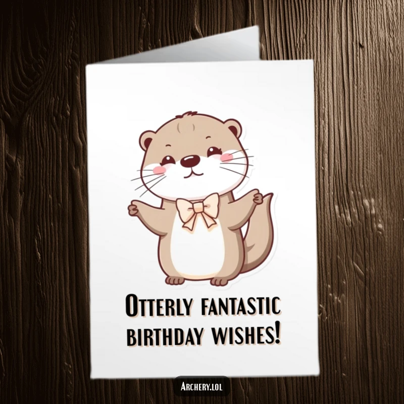Funny Free Printable Birthday Card: Playful otter enthusiastically drawing a tiny bow, ready for festive fun.