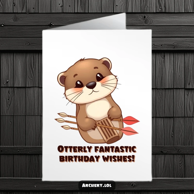 Funny free printable birthday card featuring a curious otter peeking from behind arrows, ready to celebrate.