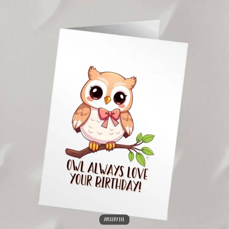 Funny Free Printable Birthday Card: Playful owl sits on a branch with a bow, ready to celebrate birthdays humorously. Downloadable gift.