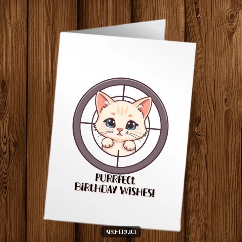 Funny Free Printable Birthday Card: Curious cat peeking from behind a target, looking mischievous and ready for birthday fun.