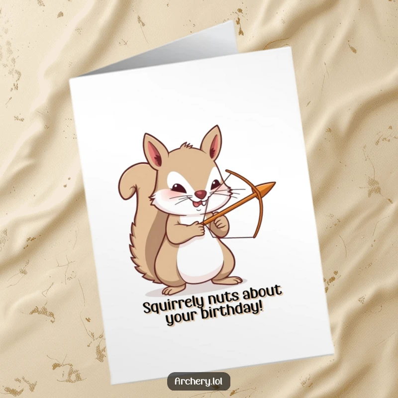Funny Free Printable Birthday Card: Determined squirrel aiming a bow and arrow with intense focus, ready to deliver birthday wishes.