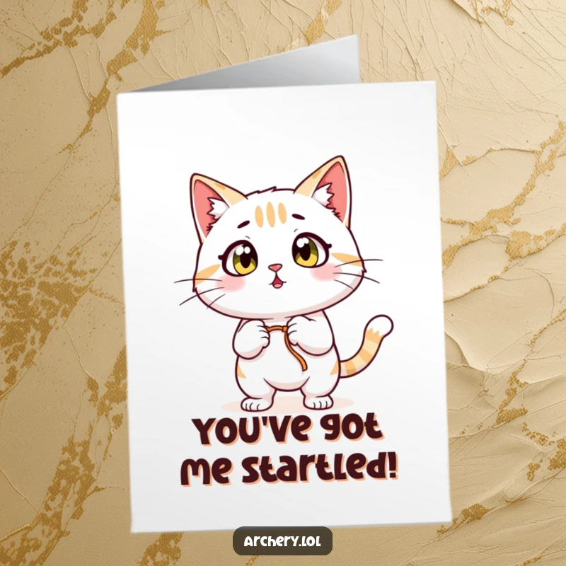 Funny Free Printable Cat Birthday Card: Surprised cat archer with wide eyes, ready to shoot birthday cheer, great DIY gift.