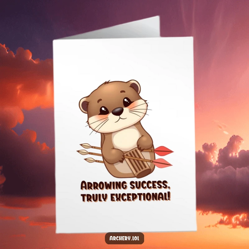 Funny free printable congratulations card showing a curious otter with arrows, celebrating an achievement with humor.