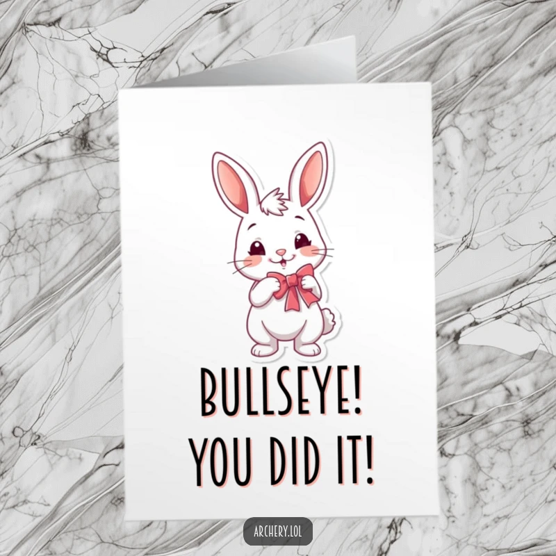 Funny Free Printable Congrats Card: Rabbit archer smirks as he draws his bow, celebrating an achievement.