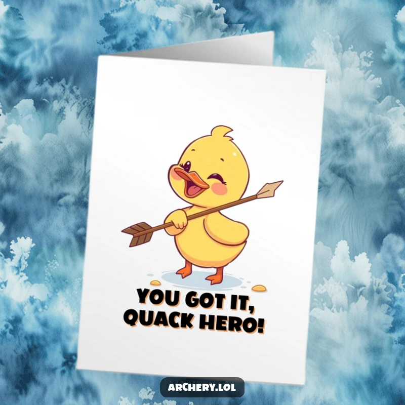 Funny Free Printable Congratulations Card: Playful duckling joyfully retrieving a flying arrow, celebrating your win.