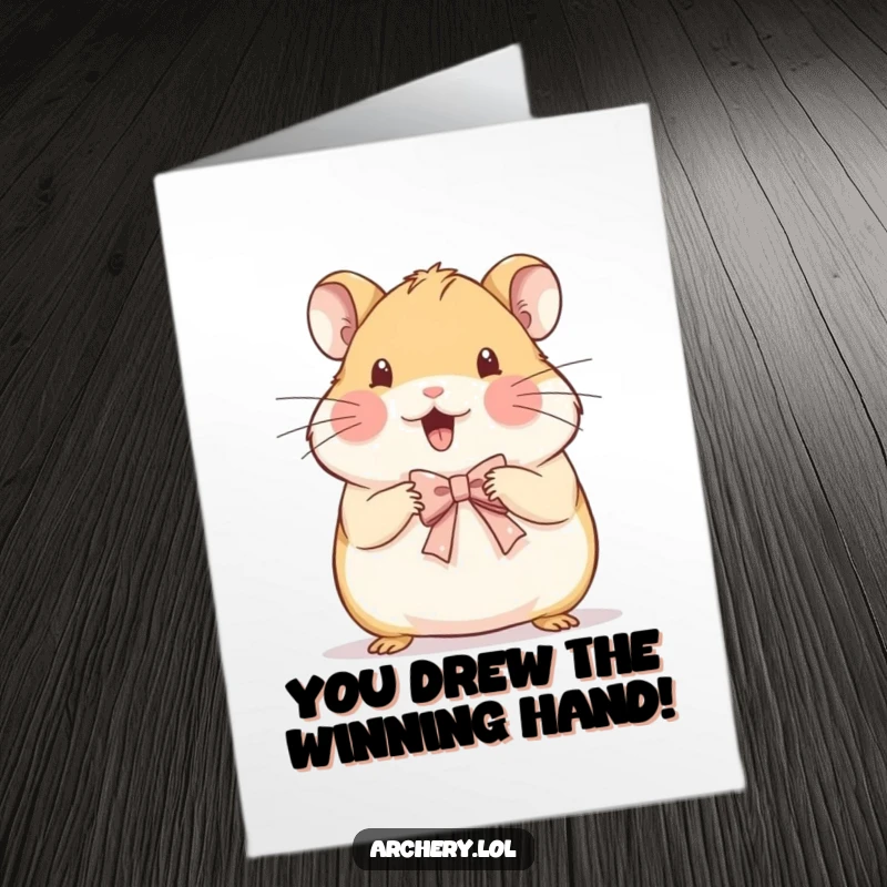 Funny Free Printable Congratulations Card: A beaming hamster skillfully draws a very small, delicate bow, celebrating their achievement.
