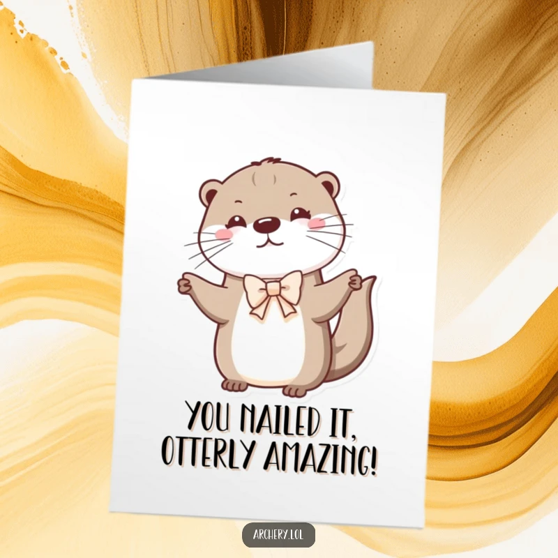 Funny Free Printable Congratulations Card: Otter artistically drawing a small bow, celebrating your success.