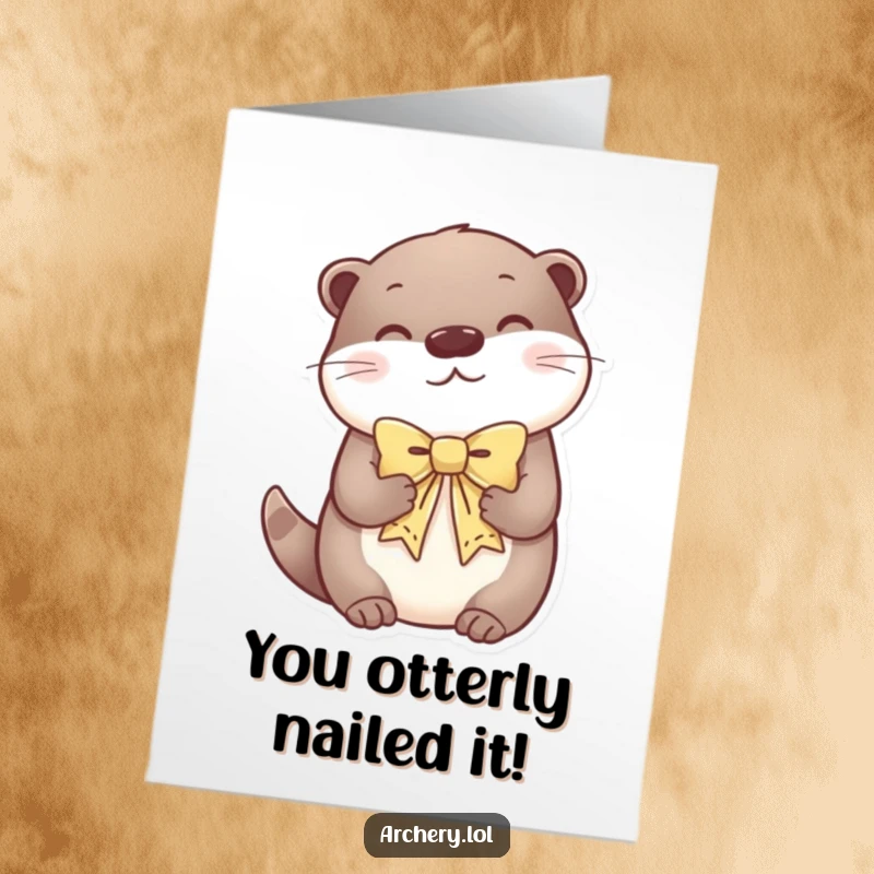Funny Free Printable Congratulations Card: A content otter looks serene while holding a decorative bow, celebrating their win.