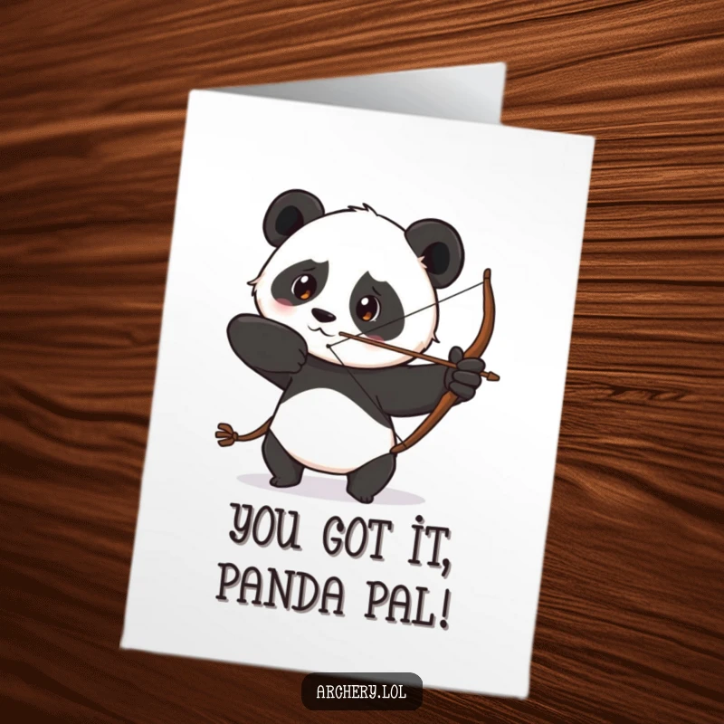 Funny Free Printable Congratulations Card: A determined panda draws its bow with a focused gaze, celebrating success with humorous precision.