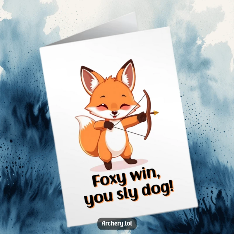 Funny Free Printable Congrats Card: Playful fox twirling a bow and arrow, celebrating a victory with flair.
