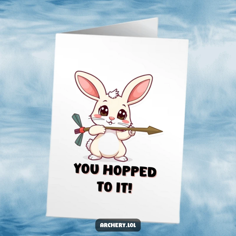 Funny Free Printable Congrats Card: Timid rabbit aiming an arrow with wide, curious eyes, celebrating a win with gentle humor.