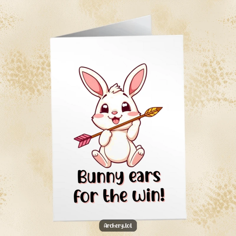 Funny Free Printable Congratulations Card: A happy bunny archer, full of excitement, nocking an arrow for a big win.