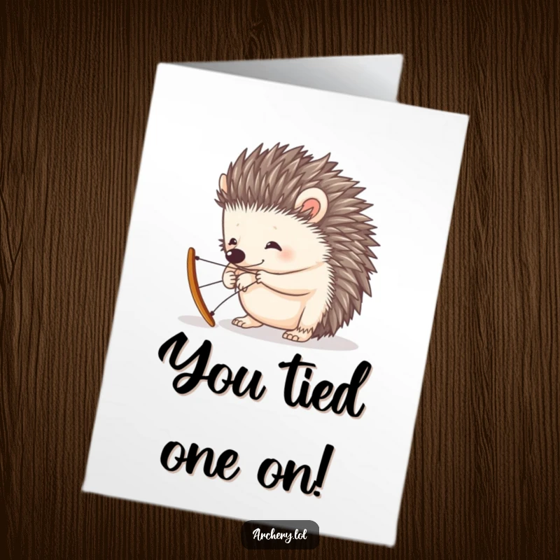 Funny Free Printable Congratulations Card: A curious hedgehog struggles comically to string a tiny bow, perfect for any celebration.