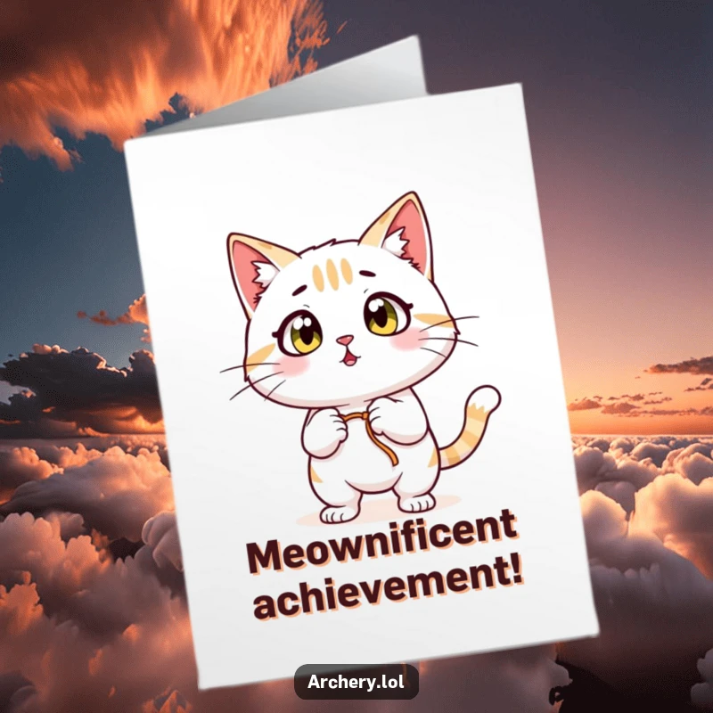Funny Free Printable Cat Congratulations Card: Surprised cat archer, eyes wide, celebrating an achievement, unique DIY gift.