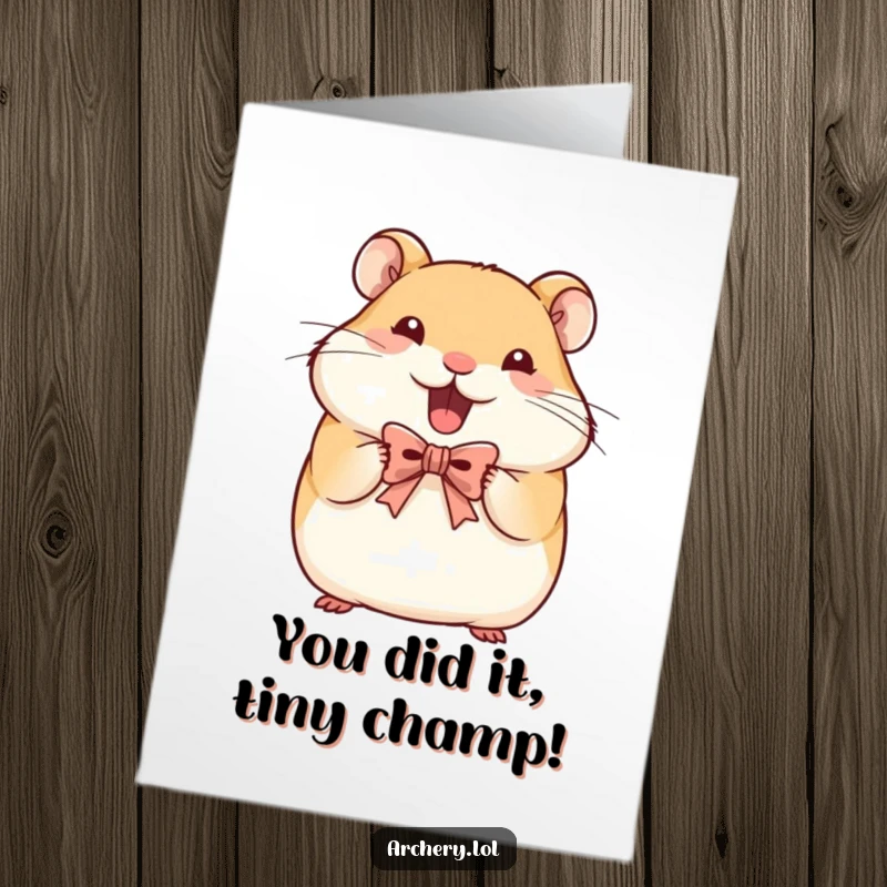 Funny Free Printable Hamster Congratulations Card: Happy hamster holding tiny bow, determined expression, celebrating success, cute DIY gift.