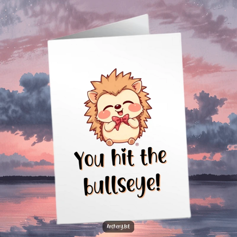 Funny free printable card featuring a giggling hedgehog with a bow, celebrating achievements with infectious laughter.