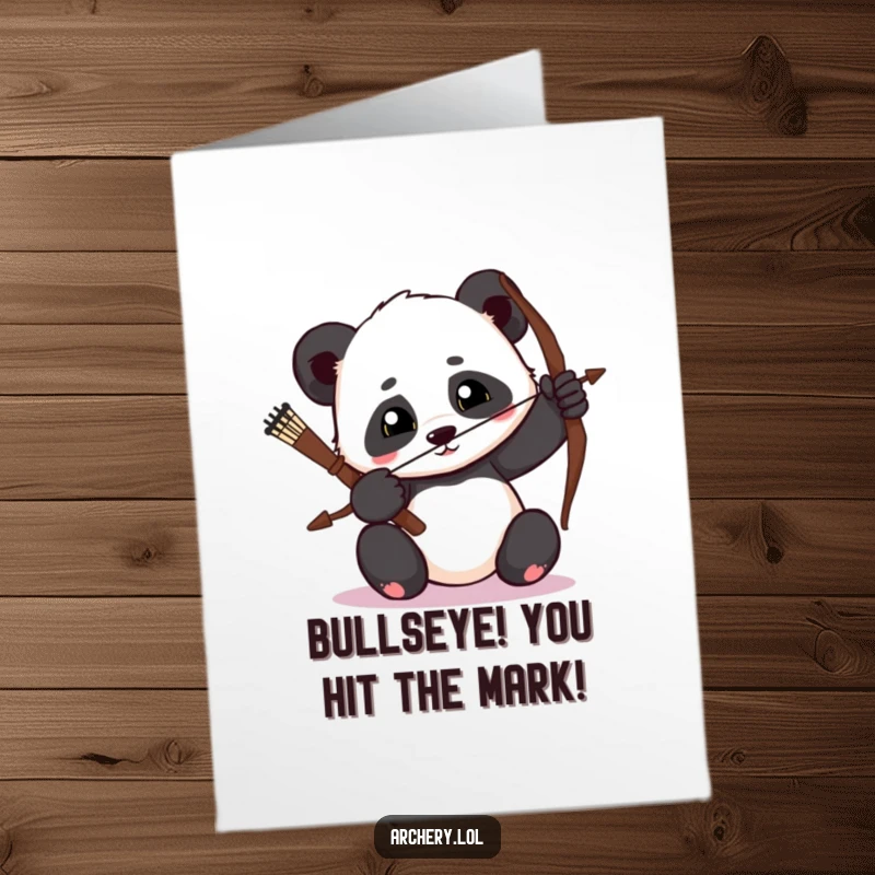 Funny Free Printable Congratulations Card: Determined panda drawing a bow, celebrating success with focus and humor.