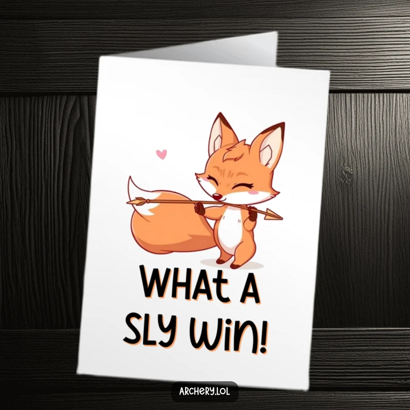 Funny Free Printable Fox Congratulations Card: Mischievous fox archer winking while shooting an arrow, celebrating success, witty DIY gift.