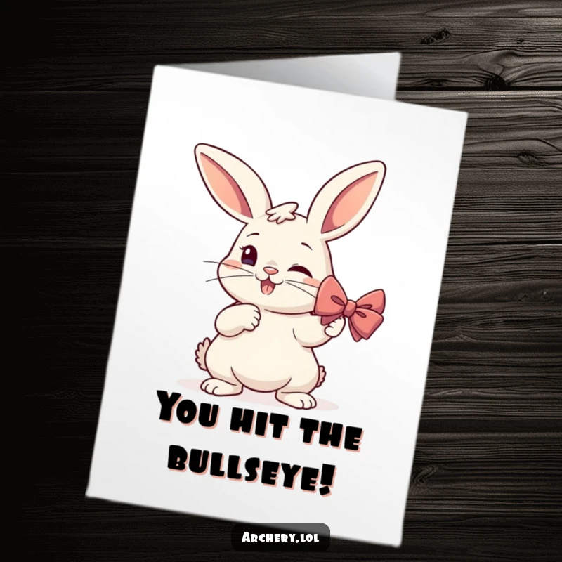 Funny Free Printable Congratulations Card: Smiling rabbit archer hitting a bullseye, celebrating success with determination.