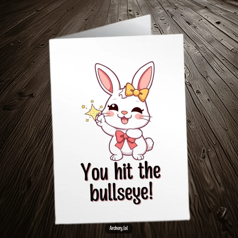 Funny Free Printable Congrats Card: Cheerful rabbit archer aims a sparkly bow, celebrating a successful shot for congratulations.