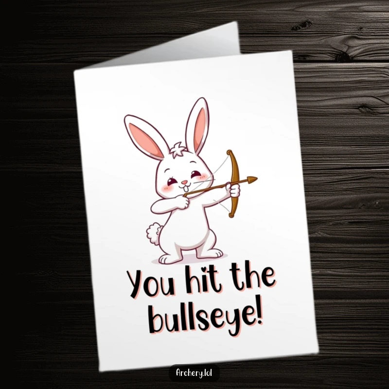 Funny Free Printable Congratulations Card with a joyful bunny archer holding a pulled bow, a symbol of achievement.