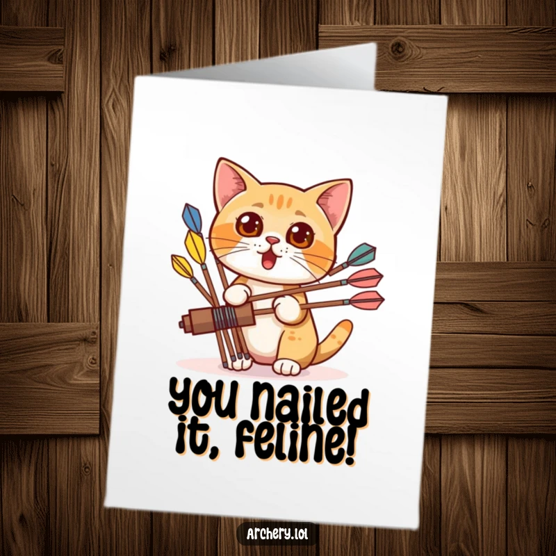 Funny Free Printable Congrats Card: Surprised cat peeks from behind a quiver of colorful arrows, a funny look of amazement at their success.