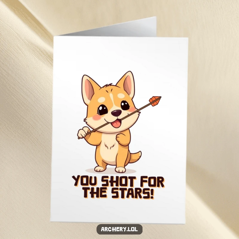 Funny Free Printable Congratulations Card: A silly dog accidentally fires an arrow upwards, a humorous celebration. Great downloadable gift.