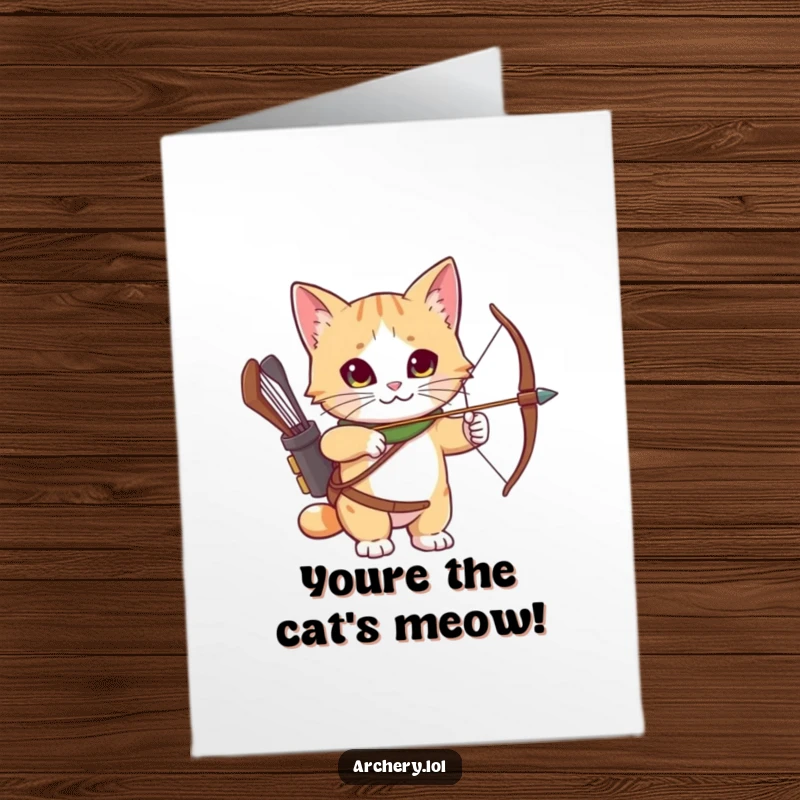 Funny Free Printable Congratulations Card: Curious cat with an archery quiver, looking focused and ready to celebrate.