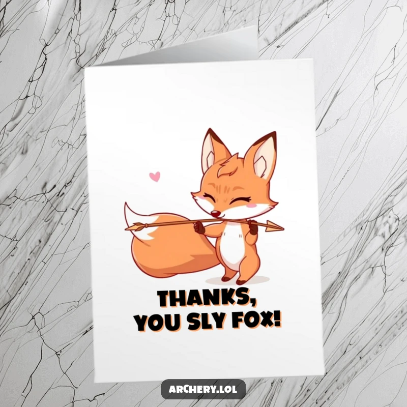 Funny Free Printable Fox Thank You Card: Mischievous fox archer winking, sending thanks, charmingly witty DIY gift.