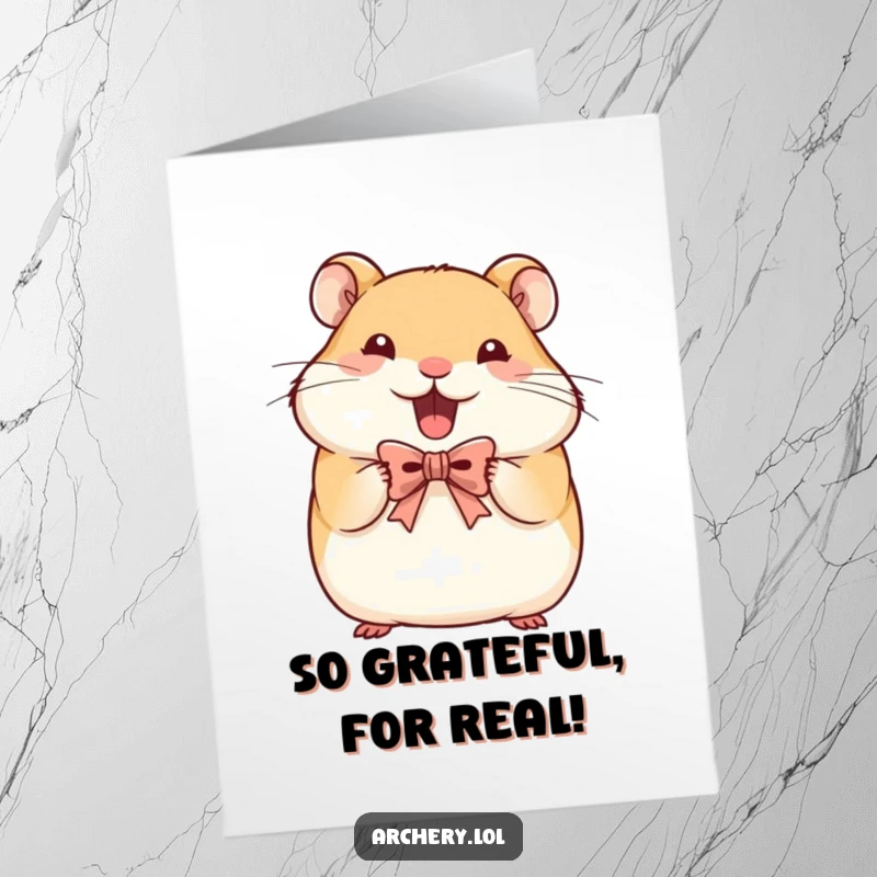 Funny Free Printable Hamster Thank You Card: Happy hamster holding tiny bow, determined face, sending thanks, sweet DIY gift.