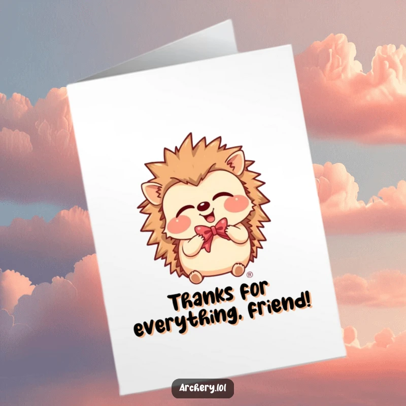 Funny free printable thank you card of a giggling hedgehog holding a bow, sending sweet and cheerful thanks.