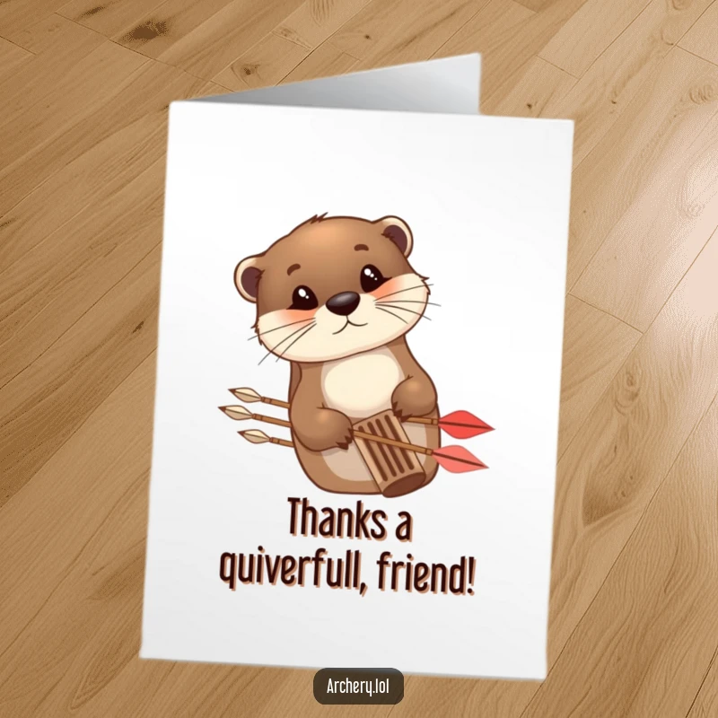 Funny free printable thank you card featuring an otter behind arrows, sending humorous gratitude with a wink.