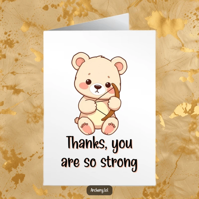 Funny Free Printable Thank You Card: A focused bear cub holding a large bow, ready to deliver thanks.