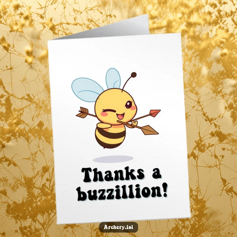 Funny Free Printable Thank You Card: A happy bee with a squinting focus, aiming an arrow as a symbol of heartfelt thanks.