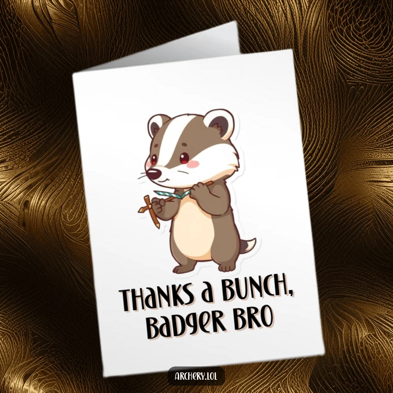 Funny Free Printable Thank You Card: A brave badger stands alert, bow drawn taut, sending thanks with focused, humorous intent.