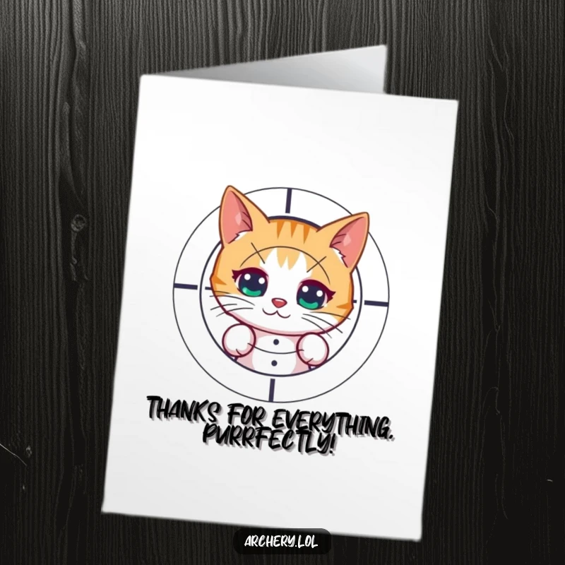 Funny Free Printable Thank You Card: A curious cat with a bow and arrow peeks from behind its target, conveying thanks.