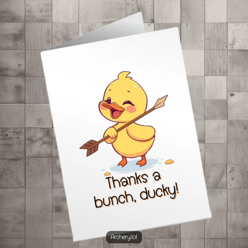 Funny Free Printable Thank You Card: Amused duckling chasing a flying arrow, a cute way to say thanks.