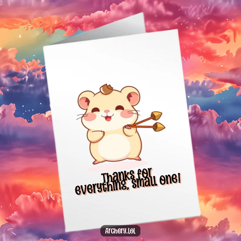 Funny Free Printable Thank You Card: Tiny hamster excitedly shooting a miniature arrow, a quirky way to say thanks.