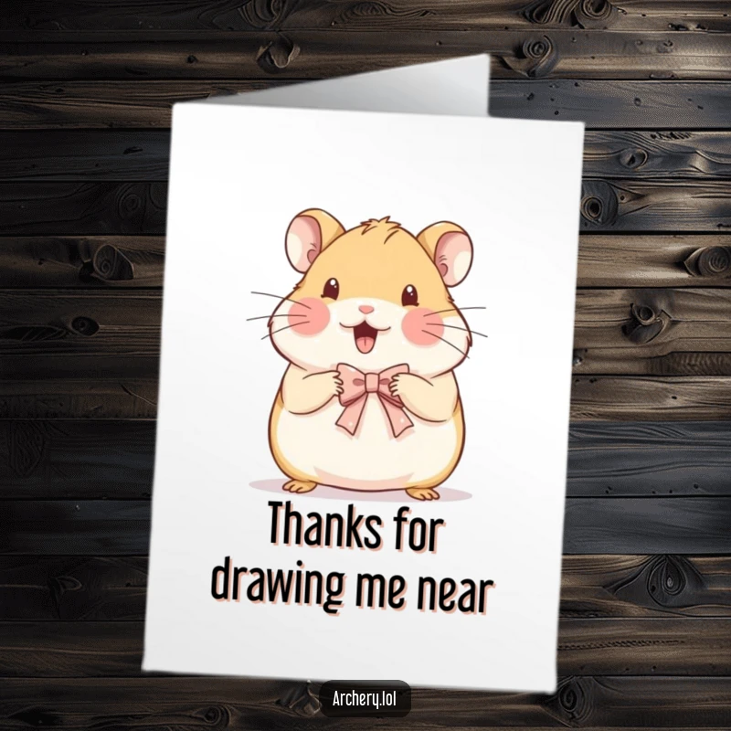 Funny Free Printable Thank You Card: A beaming hamster lovingly draws a very small, delicate bow, a perfect thank you.