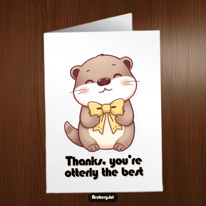 Funny Free Printable Thank You Card: A content otter peacefully holds a decorative bow, a serene way to express thanks.