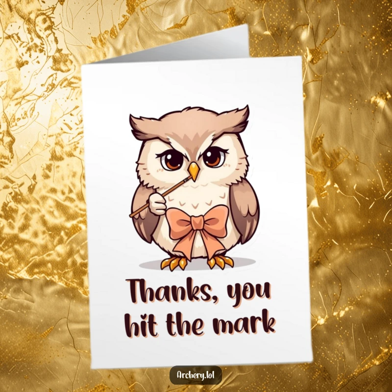 Funny Free Printable Thank You Card: Determined owl archer aiming an arrow, symbolizing gratitude and precision.