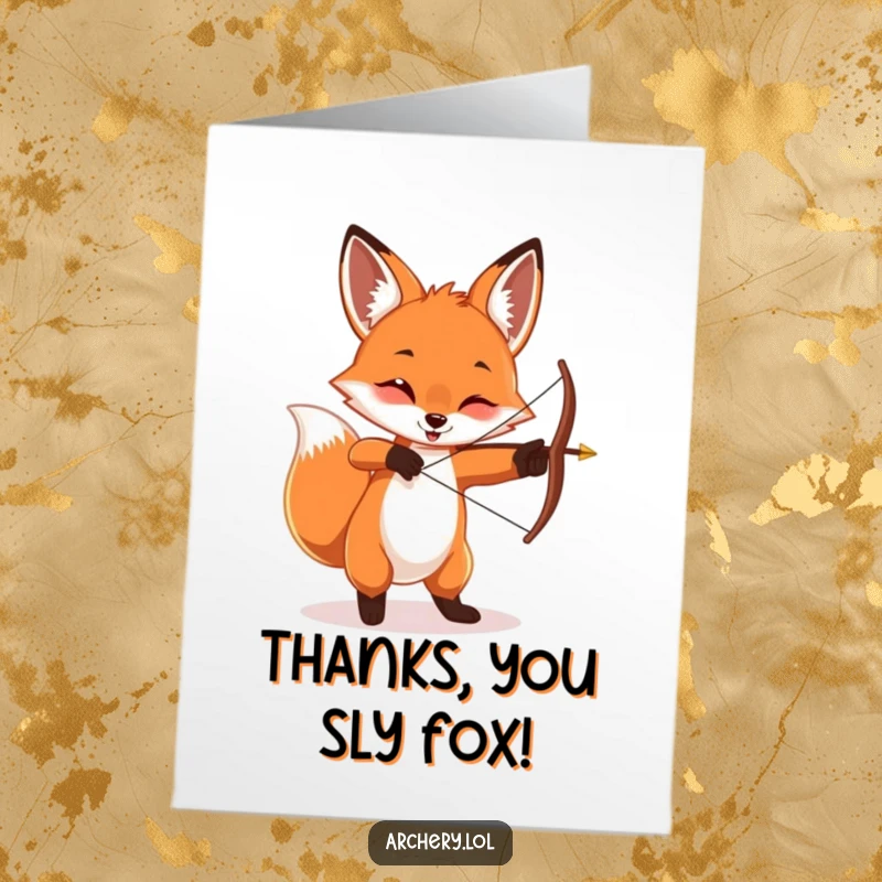 Funny Free Printable Thank You Card: Playful fox twirling a bow and arrow, expressing thanks with a mischievous charm.