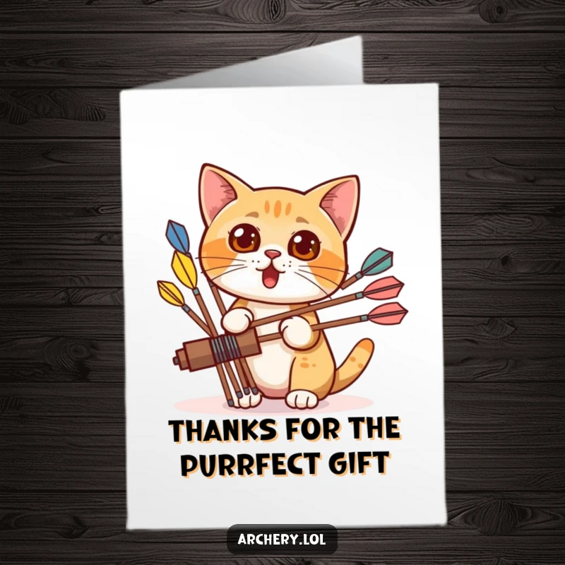 Funny Free Printable Thank You Card: Surprised cat peeks from behind colorful arrows, a funny expression of thanks.