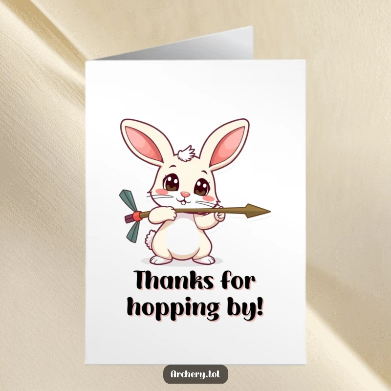 Funny Free Printable Thank You Card: Timid rabbit aiming an arrow with wide, curious eyes, conveying thanks with cuteness.
