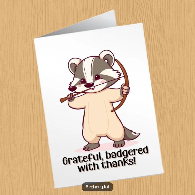 Funny Free Printable Thank You Card: Determined badger holding a drawn bow, symbolizing strong gratitude.
