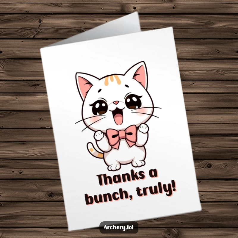 Funny Free Printable Thank You Card with a cat aiming a bow, expressing thanks humorously.