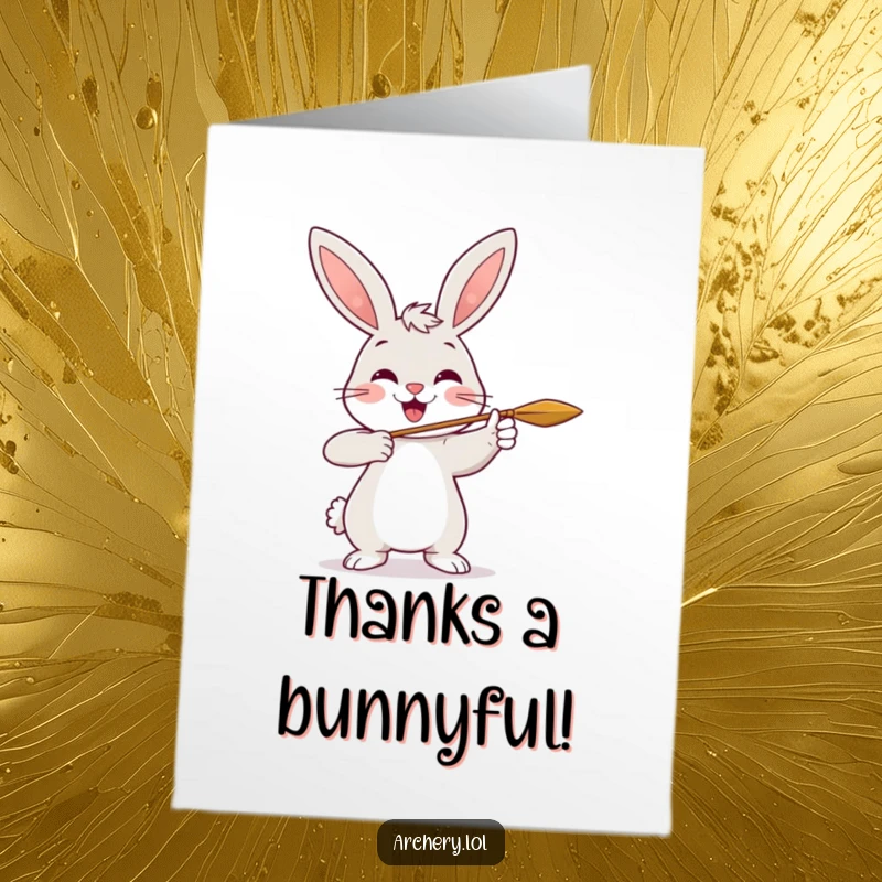 Funny Free Printable Thank You Card: A cheerful rabbit smiling while shooting an arrow, conveying warm and humorous thanks.
