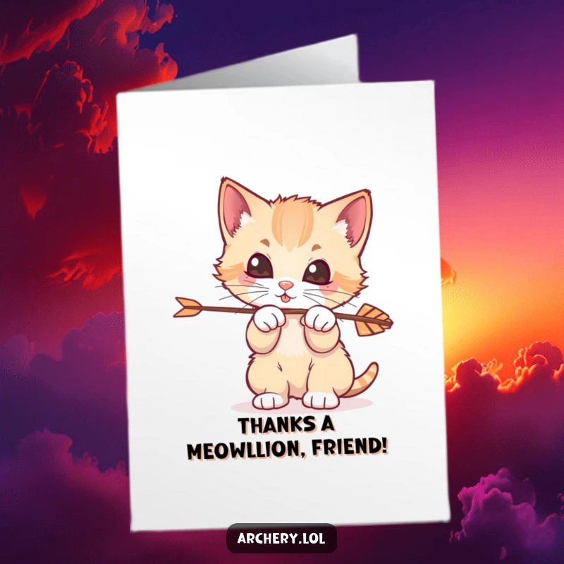 Funny Free Printable Thank You Card: Playful kitten batting an arrow, a humorous and charming way to express gratitude.